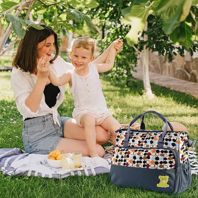 5 In 1 Baby Diaper Bag Nappy Changing Pad Travel Mummy Bag (ASSORTED PRINTS AND DECORATION) Includes Big baby bag ,Small diaper bag, Bottle pocket ,Food bag and Mackintosh