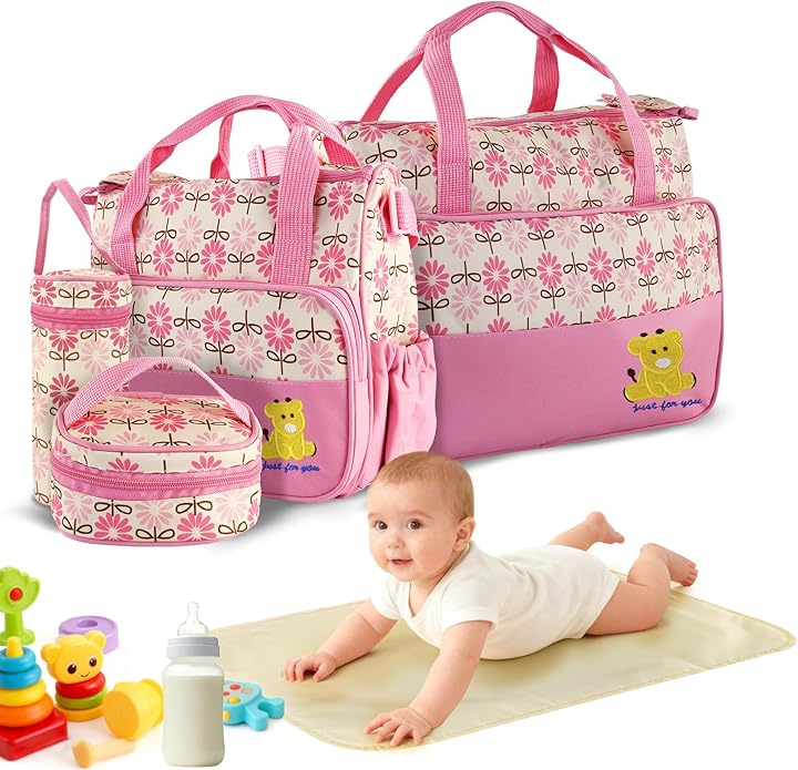5 In 1 Baby Diaper Bag Nappy Changing Pad Travel Mummy Bag (ASSORTED PRINTS AND DECORATION) Includes Big baby bag ,Small diaper bag, Bottle pocket ,Food bag and Mackintosh