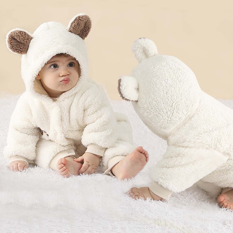 Heavy Baby Romper – Thick Cotton Winter Jumpsuit with Hood & Cute Ears, Warm & Cozy Newborn Bodysuit (Pink, Blue, Grey, Brown