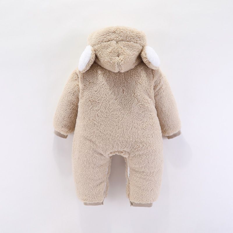 Heavy Baby Romper – Thick Cotton Winter Jumpsuit with Hood & Cute Ears, Warm & Cozy Newborn Bodysuit (Pink, Blue, Grey, Brown