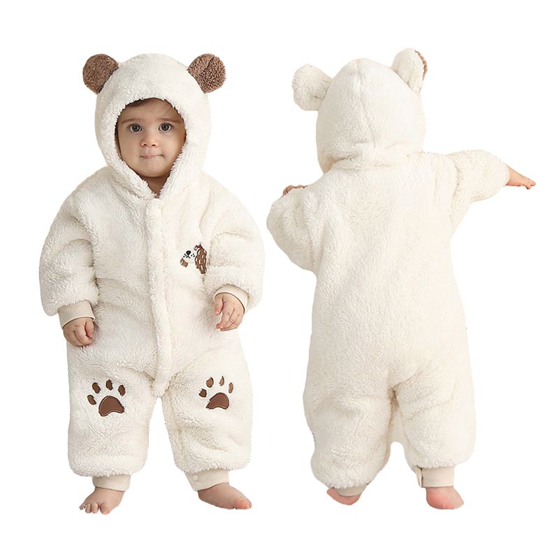 Heavy Baby Romper – Thick Cotton Winter Jumpsuit with Hood & Cute Ears, Warm & Cozy Newborn Bodysuit (Pink, Blue, Grey, Brown