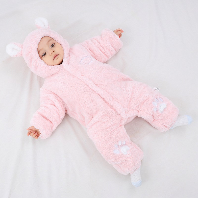 Heavy Baby Romper – Thick Cotton Winter Jumpsuit with Hood & Cute Ears, Warm & Cozy Newborn Bodysuit (Pink, Blue, Grey, Brown