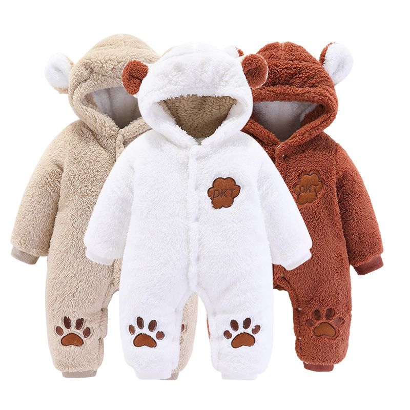 Heavy Baby Romper – Thick Cotton Winter Jumpsuit with Hood & Cute Ears, Warm & Cozy Newborn Bodysuit (Pink, Blue, Grey, Brown