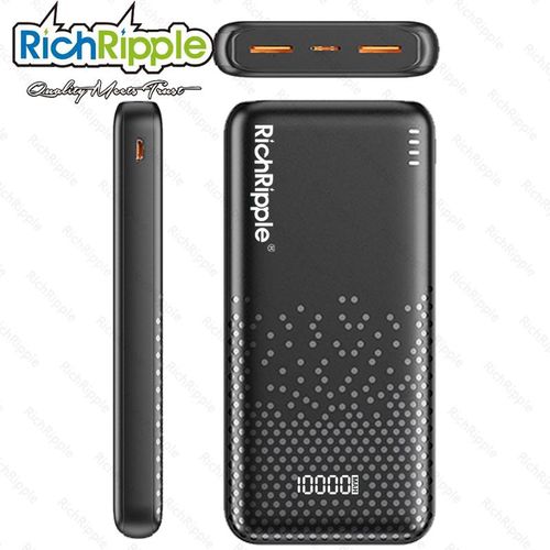 RichRipple 10000mAh Small Size Unique Design 2A Fast Charger with 2-in-2-out Fast Charging Power Bank Black