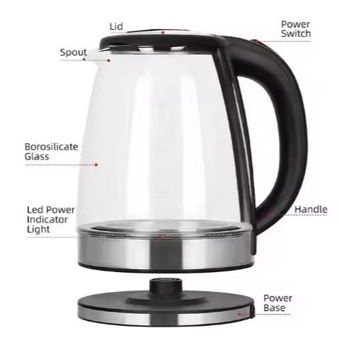 Hoffmans 2L Glass Electric Kettle With LED Blue Light- Silver, Black.