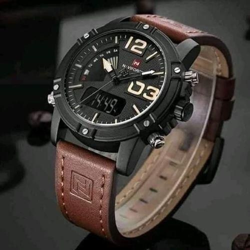 Naviforce Leather Strapp LED Dual Display Watch - Brown, Black