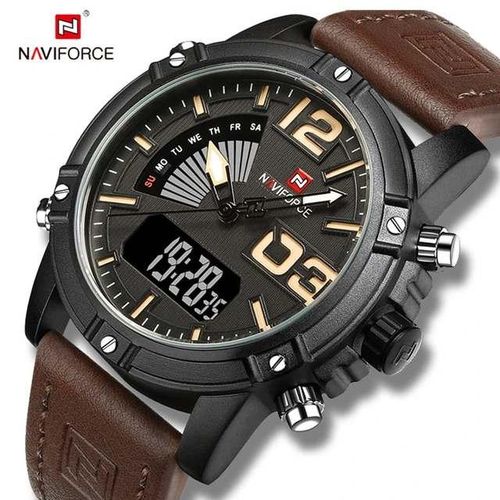 Naviforce Leather Strapp LED Dual Display Watch - Brown, Black