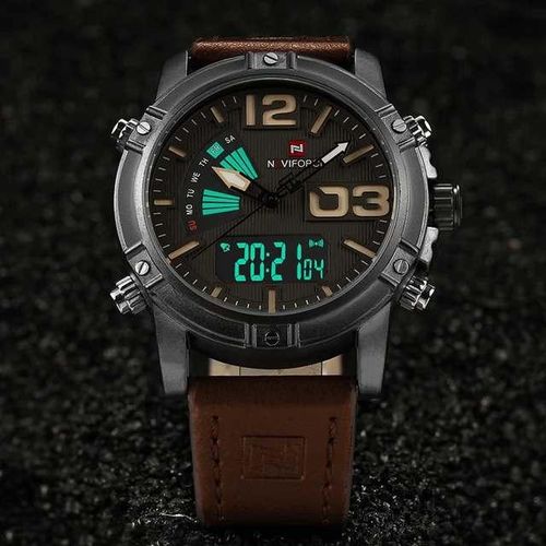 Naviforce Leather Strapp LED Dual Display Watch - Brown, Black