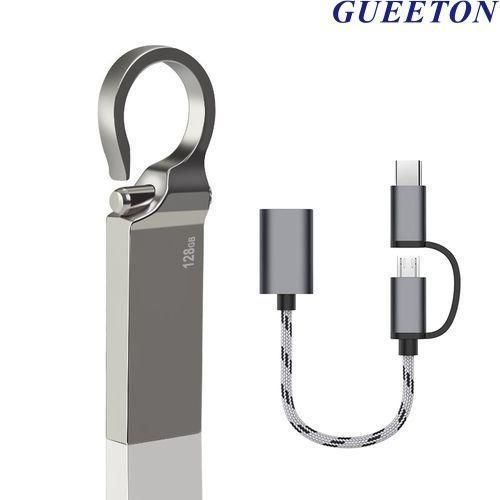 GUEETON 128GB usb Flash Drive metal hook with 3 in 1 OTG adapter usb cable