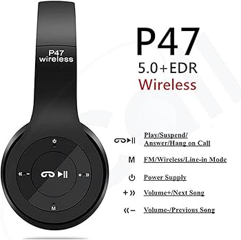 P47 Bluetooth Wireless Headphone, Hands Free Music Headset- Black Rechargeable lithium battery: 300mAh.