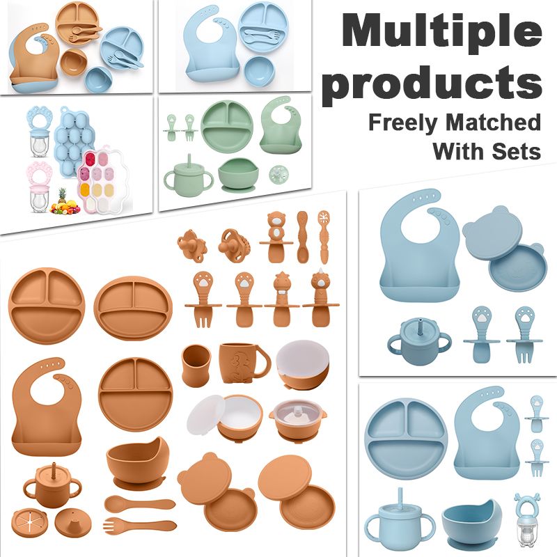 Silicone Baby Feeding Set, Baby Led Weaning Supplies with Suction Bowl Divided Plate, Toddler Self Feeding Dish Set with Spoons Forks Sippy Cup Adjustable Bib, Baby Eating Utensils Baby Bowl Plat
