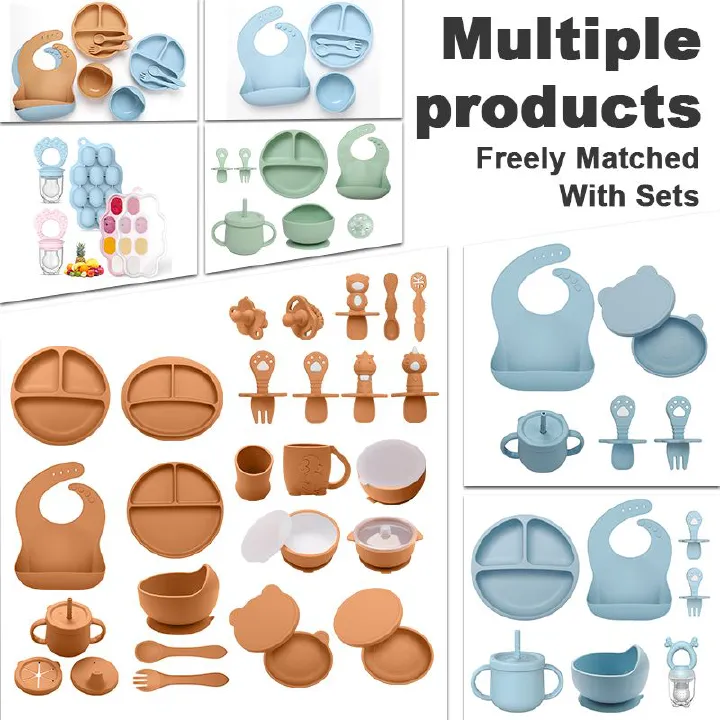 Silicone Baby Feeding Set, Baby Led Weaning Supplies with Suction Bowl Divided Plate, Toddler Self Feeding Dish Set with Spoons Forks Sippy Cup Adjustable Bib, Baby Eating Utensils Baby Bowl Plat