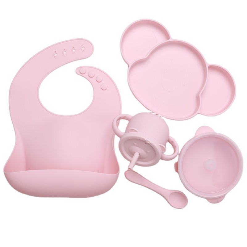 Silicone Baby Feeding Set, Baby Led Weaning Supplies with Suction Bowl Divided Plate, Toddler Self Feeding Dish Set with Spoons Forks Sippy Cup Adjustable Bib, Baby Eating Utensils Baby Bowl Plat
