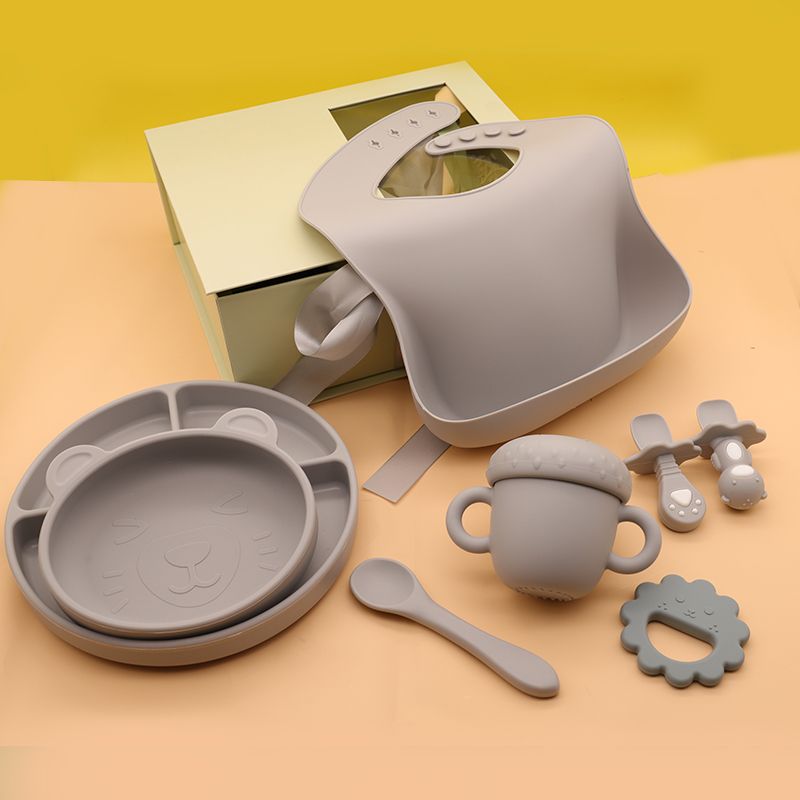 Silicone Baby Feeding Set, Baby Led Weaning Supplies with Suction Bowl Divided Plate, Toddler Self Feeding Dish Set with Spoons Forks Sippy Cup Adjustable Bib, Baby Eating Utensils Baby Bowl Plat