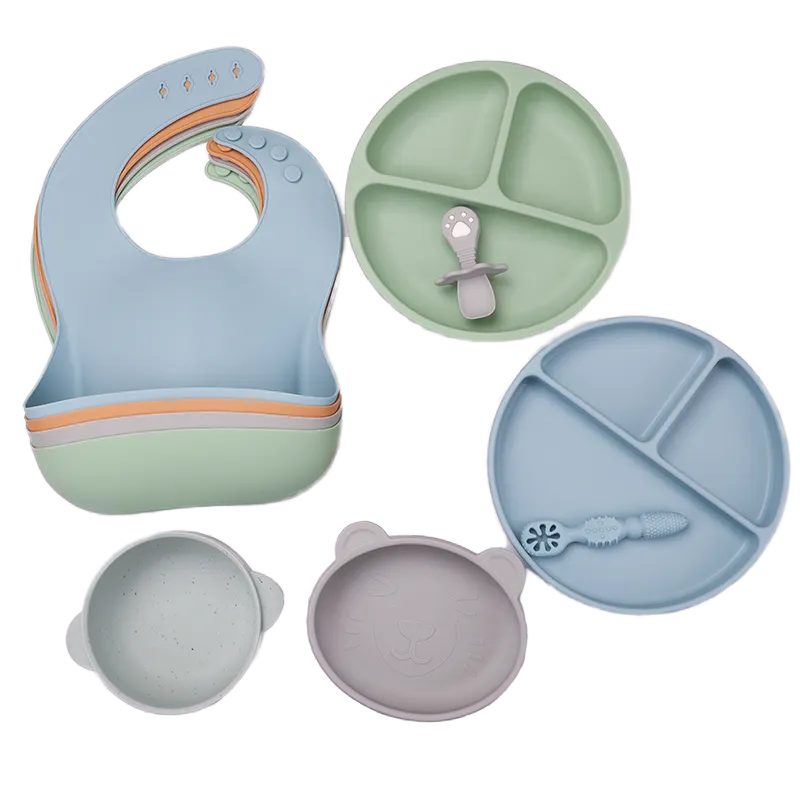Silicone Baby Feeding Set, Baby Led Weaning Supplies with Suction Bowl Divided Plate, Toddler Self Feeding Dish Set with Spoons Forks Sippy Cup Adjustable Bib, Baby Eating Utensils Baby Bowl Plat