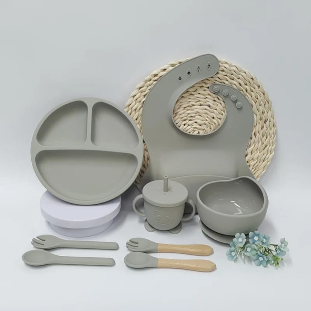 Silicone Baby Feeding Set, Baby Led Weaning Supplies with Suction Bowl Divided Plate, Toddler Self Feeding Dish Set with Spoons Forks Sippy Cup Adjustable Bib, Baby Eating Utensils Baby Bowl Plat