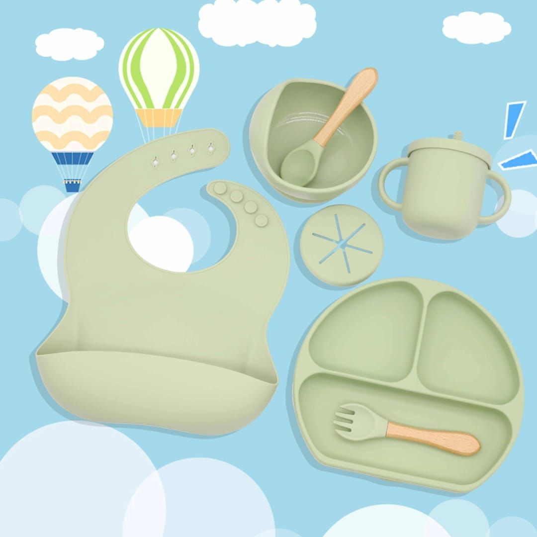Silicone Baby Feeding Set, Baby Led Weaning Supplies with Suction Bowl Divided Plate, Toddler Self Feeding Dish Set with Spoons Forks Sippy Cup Adjustable Bib, Baby Eating Utensils Baby Bowl Plat