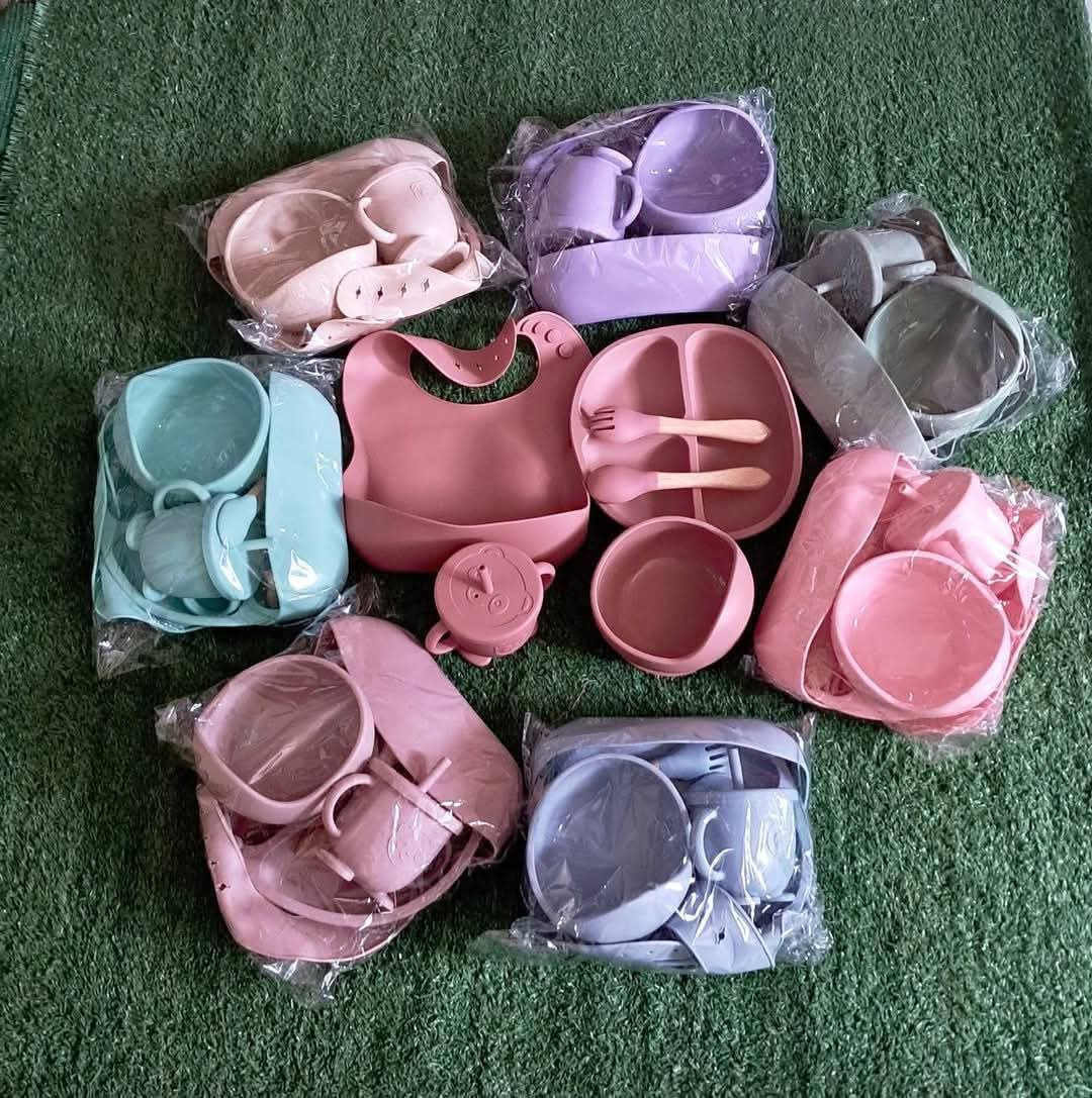 Silicone Baby Feeding Set, Baby Led Weaning Supplies with Suction Bowl Divided Plate, Toddler Self Feeding Dish Set with Spoons Forks Sippy Cup Adjustable Bib, Baby Eating Utensils Baby Bowl Plat