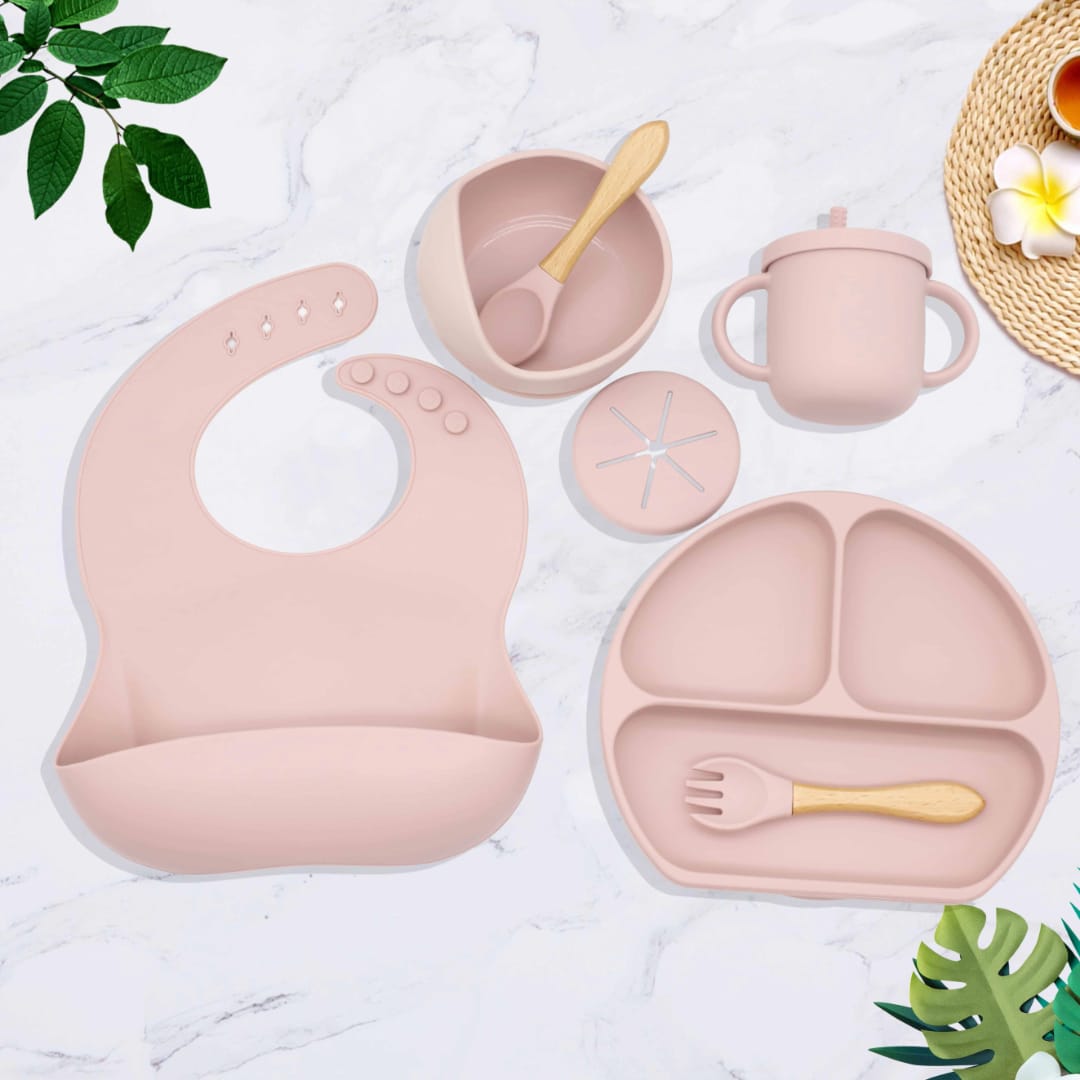 Silicone Baby Feeding Set, Baby Led Weaning Supplies with Suction Bowl Divided Plate, Toddler Self Feeding Dish Set with Spoons Forks Sippy Cup Adjustable Bib, Baby Eating Utensils Baby Bowl Plat