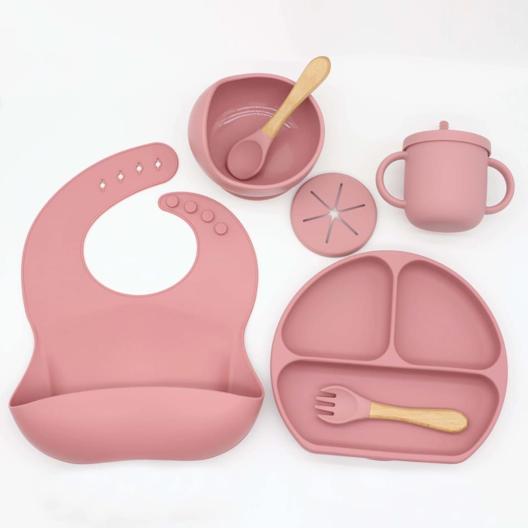 Silicone Baby Feeding Set, Baby Led Weaning Supplies with Suction Bowl Divided Plate, Toddler Self Feeding Dish Set with Spoons Forks Sippy Cup Adjustable Bib, Baby Eating Utensils Baby Bowl Plat