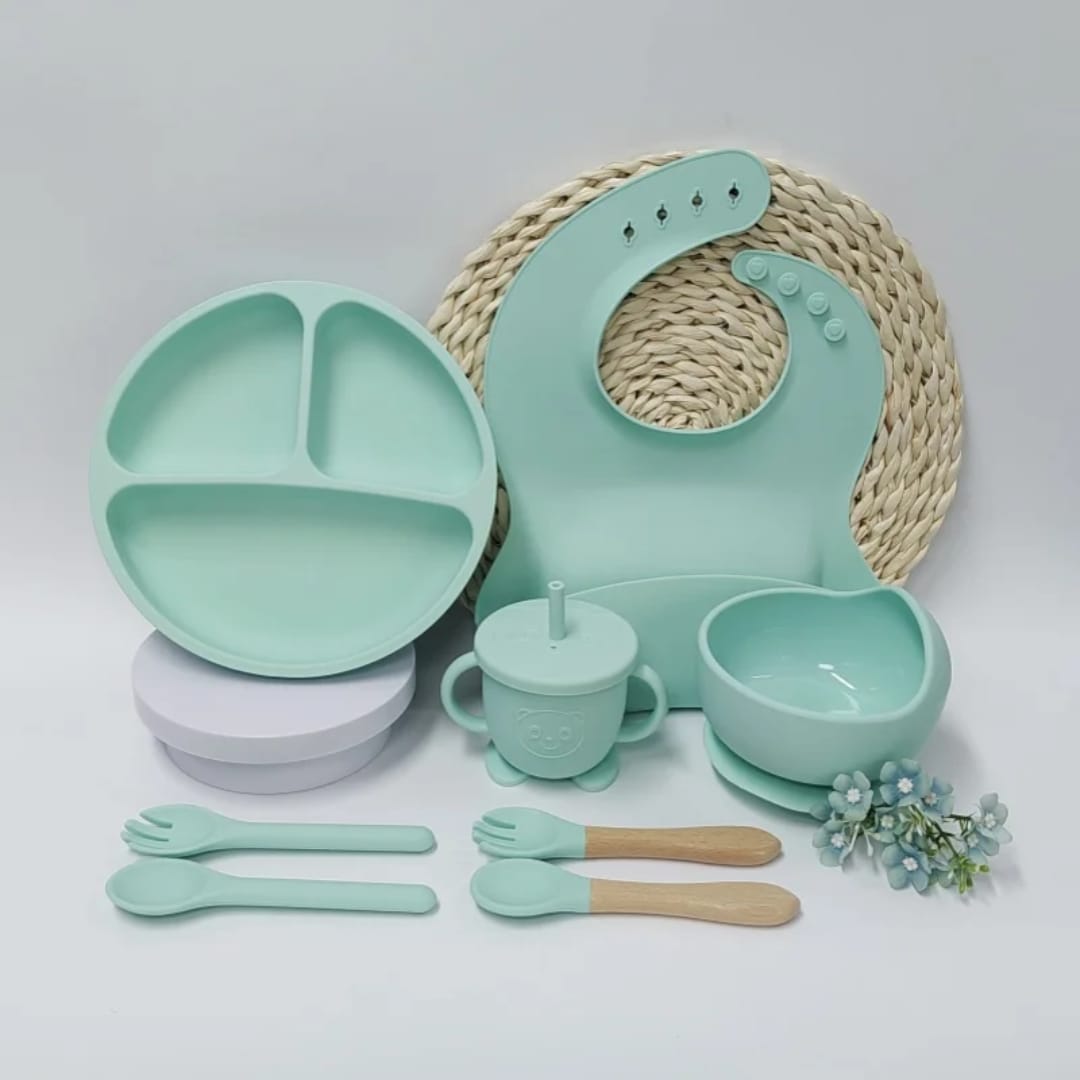 Silicone Baby Feeding Set, Baby Led Weaning Supplies with Suction Bowl Divided Plate, Toddler Self Feeding Dish Set with Spoons Forks Sippy Cup Adjustable Bib, Baby Eating Utensils Baby Bowl Plat