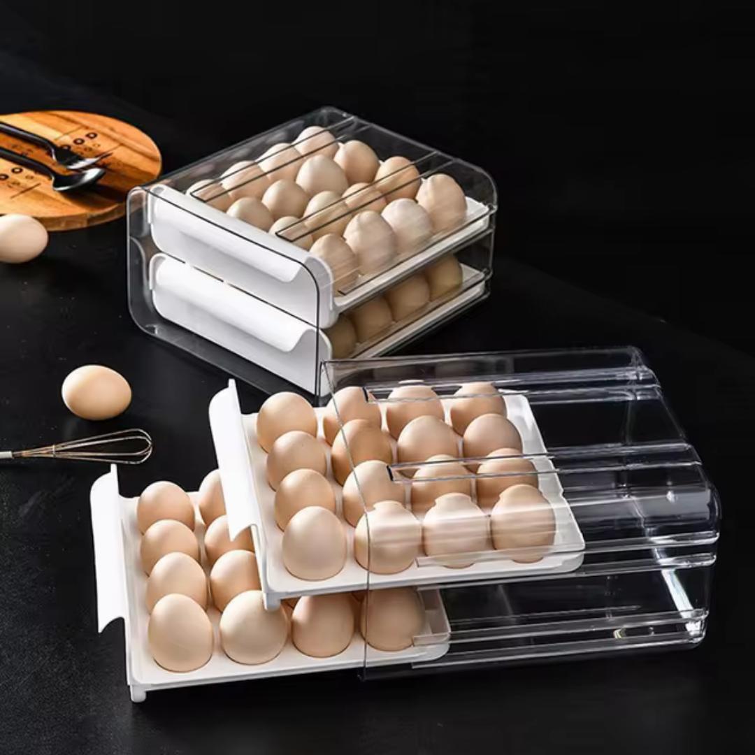 32 double - layer egg tray, egg box tray, egg holder tray, egg carton, fridge countertop egg  storage container tray dispenser organizer large capacity, egg draw, fridge organizer, food storage, crate
