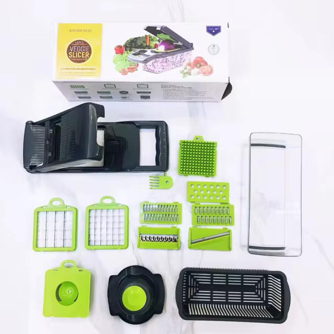 Multifunctional vegetable and onion slicer 14 in 1 food chopper mandolin slicer dice cutter onion mincer cheese crater colander basket salad hand chopper  food prep tool manual chopper kitchen  tools