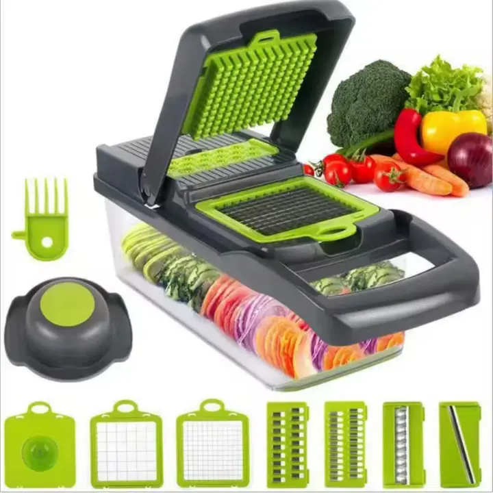 Multifunctional vegetable and onion slicer 14 in 1 food chopper mandolin slicer dice cutter onion mincer cheese crater colander basket salad hand chopper  food prep tool manual chopper kitchen  tools
