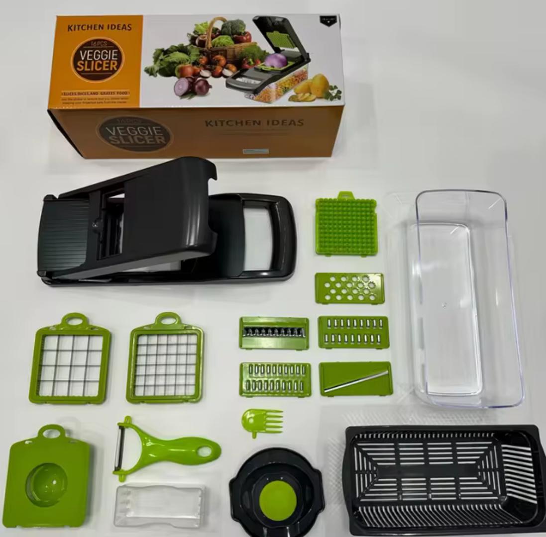 Multifunctional vegetable and onion slicer 14 in 1 food chopper mandolin slicer dice cutter onion mincer cheese crater colander basket salad hand chopper  food prep tool manual chopper kitchen  tools