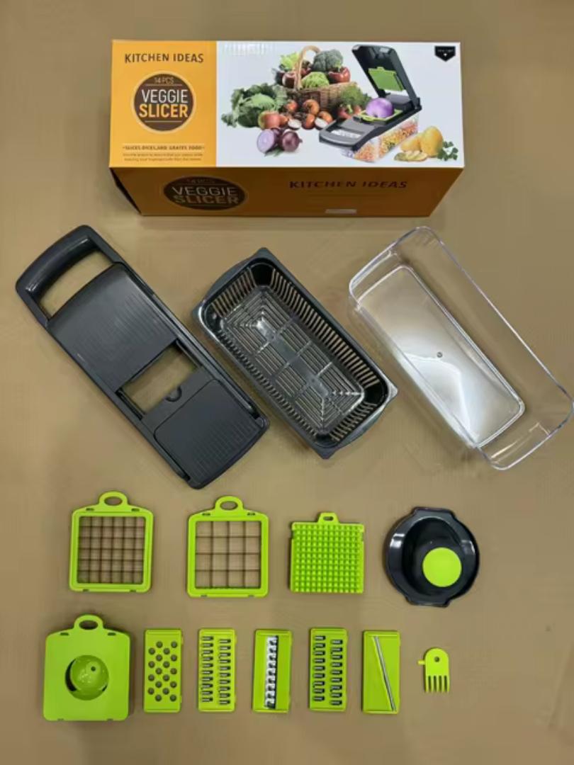 Multifunctional vegetable and onion slicer 14 in 1 food chopper mandolin slicer dice cutter onion mincer cheese crater colander basket salad hand chopper  food prep tool manual chopper kitchen  tools
