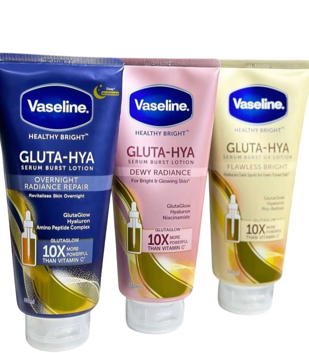 Vaseline GLUTA-HYA – Flawless Bright, Dewy Radiance & Overnight Radiance Repair Gel.