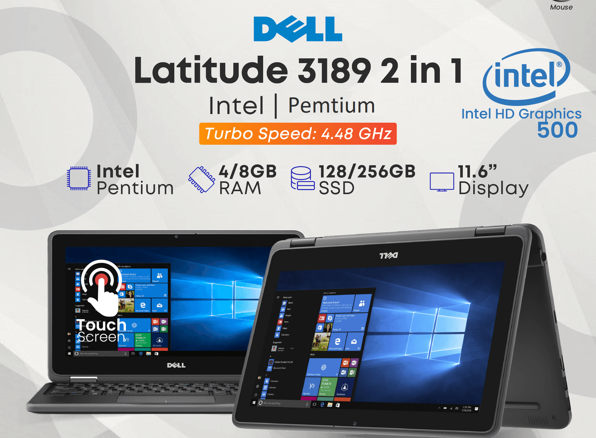 {Free mouse } Touchscreen 2 in 1 Laptop Refurbished Dell 3190 Intel pentium 4GB Ram 128GB SSD 11.6'' INCH Refurbished Laptop Computer Notebook with windows 10 and office installed