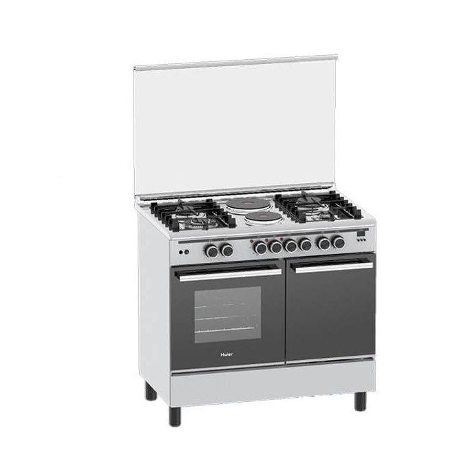 60*90 Haier 4+2 standing cooker with gas compartment and sensor. Features Safe. Smart. Stylish Cooking.Durable, sleek, and easy to clean Tempered Glass Lid & Oven Light