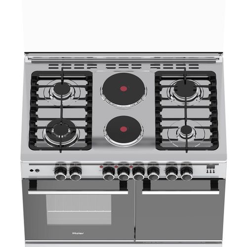 60*90 Haier 4+2 standing cooker with gas compartment and sensor. Features Safe. Smart. Stylish Cooking.Durable, sleek, and easy to clean Tempered Glass Lid & Oven Light