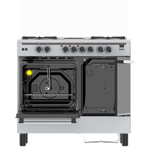 60*90 Haier 4+2 standing cooker with gas compartment and sensor. Features Safe. Smart. Stylish Cooking.Durable, sleek, and easy to clean Tempered Glass Lid & Oven Light
