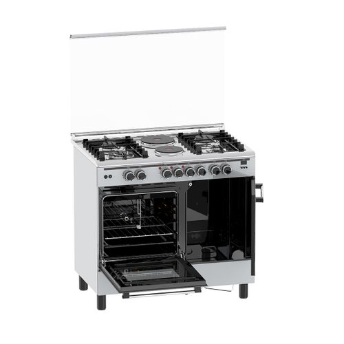 60*90 Haier 4+2 standing cooker with gas compartment and sensor. Features Safe. Smart. Stylish Cooking.Durable, sleek, and easy to clean Tempered Glass Lid & Oven Light