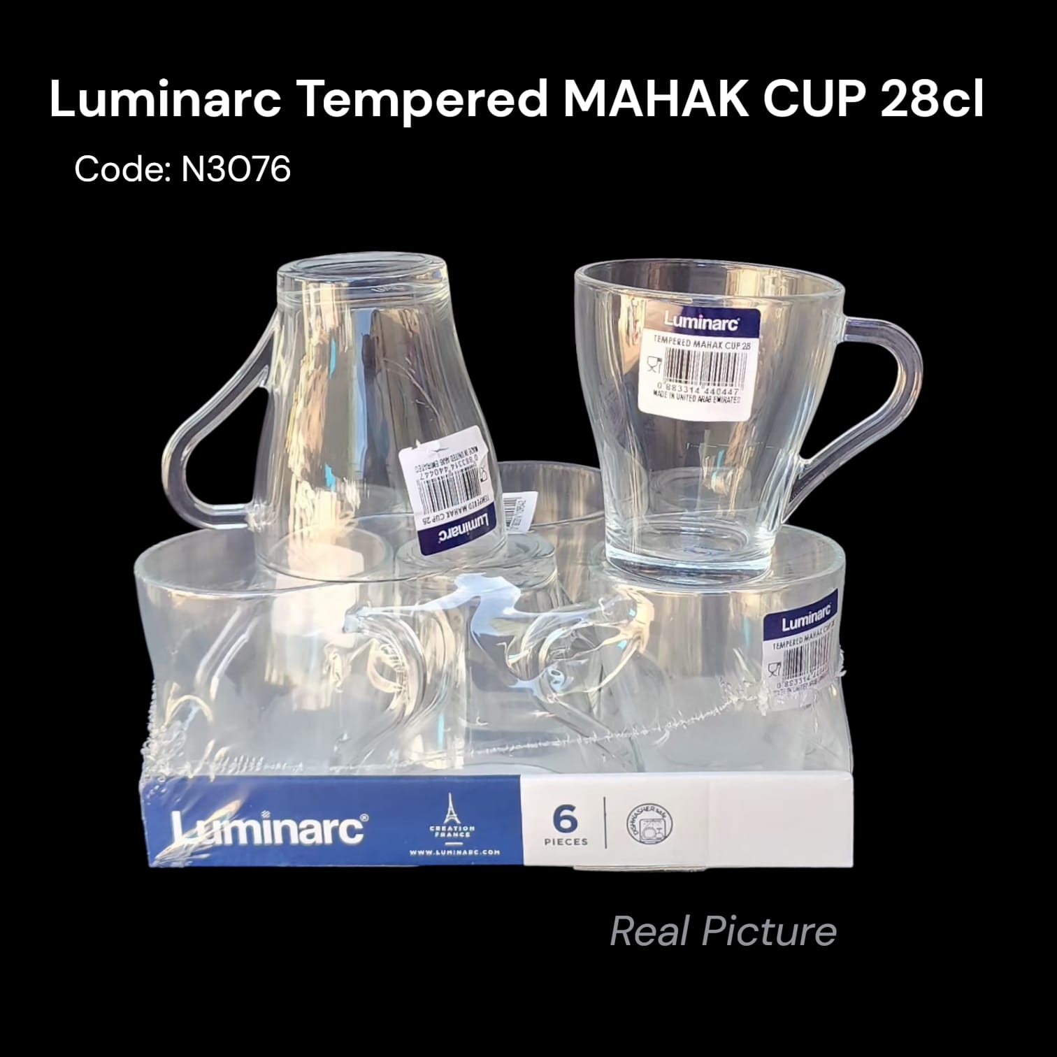 Luminarc Tempered Mahak Mug Set – 6pcs 28cl ☕💎 | Heat-Resistant Clear Glass Coffee & Tea Mugs 🔥✨ (N3076)