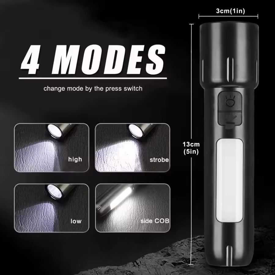 Mini EDC USB Rechargeable Flashlight 🔦 4 Modes Outdoor Torch 🌌 Camping Searchlight COB Emergency Floodlight 💡 Portable & Powerful