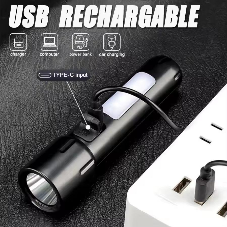 Mini EDC USB Rechargeable Flashlight 🔦 4 Modes Outdoor Torch 🌌 Camping Searchlight COB Emergency Floodlight 💡 Portable & Powerful