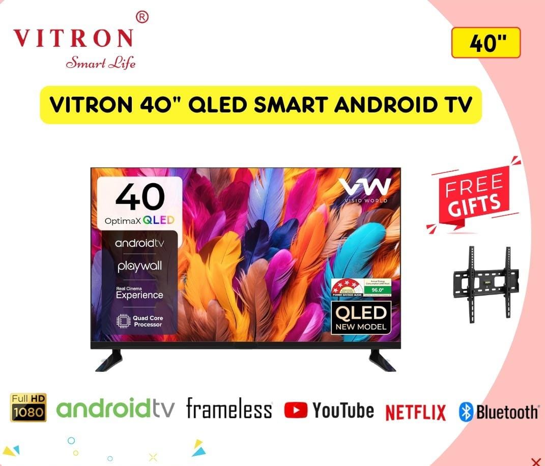 **🎁✨ Gifts: FREE Wall Mount Bracket | Vitron 40” QLED Smart Android TV 📺 Full HD 1080P 🌈 Built-in WiFi 📶 Bluetooth 🔗 YouTube ▶️ Netflix 🎬 Frameless Screen 🖥️ Dolby Audio 🔊 Screen Mirroring 📱