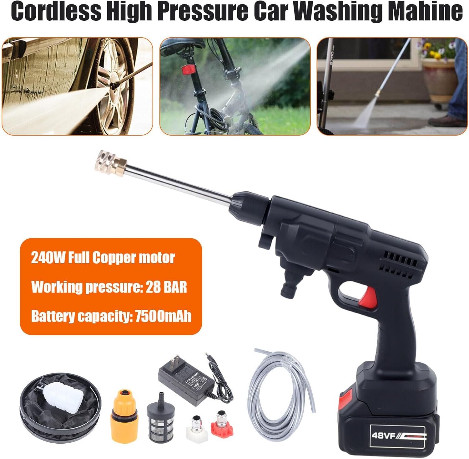 Cordless Pressure Washer, 435 PSI Pressure Water Spray Gun, 21V Lithium Battery, Portable High Pressure Car Washer for Car Fence Wall Deck Cleaning