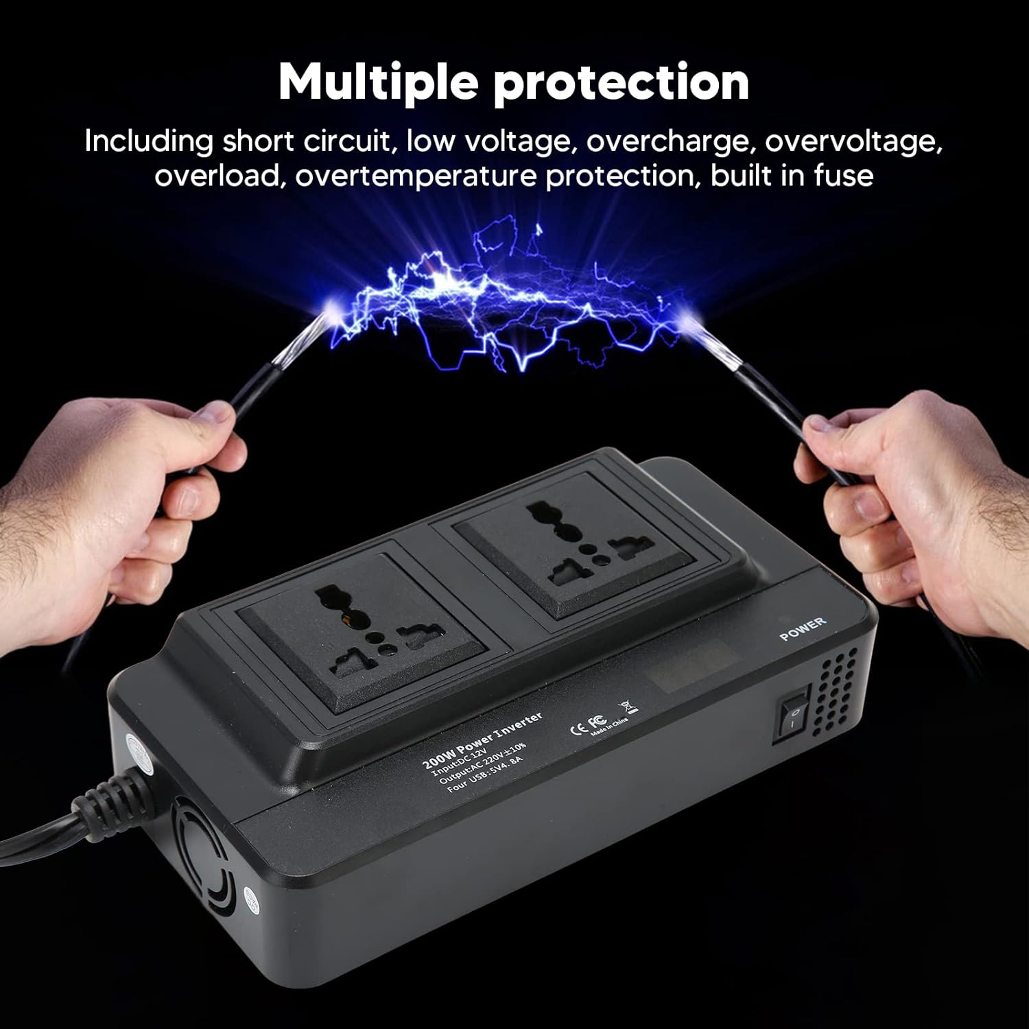 Car Inverter, 200W Power Inverter, DC 12V to 220V AC with 2.1A 4 Ports USB Multi Protection, Universal Inverter for Charging Laptops, Tablets, Laptops, Tablets