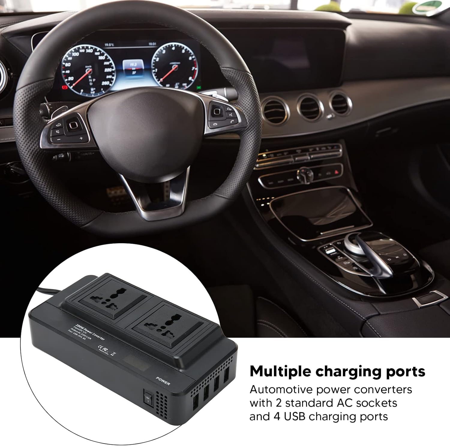 Car Inverter, 200W Power Inverter, DC 12V to 220V AC with 2.1A 4 Ports USB Multi Protection, Universal Inverter for Charging Laptops, Tablets, Laptops, Tablets