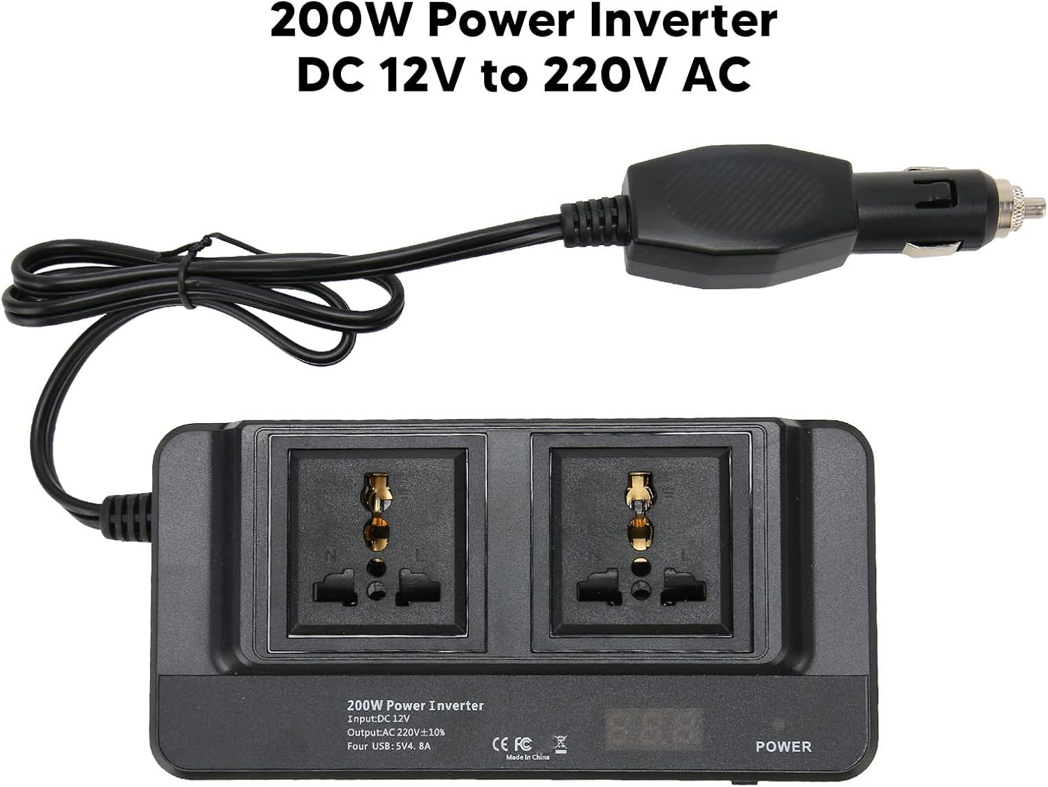 Car Inverter, 200W Power Inverter, DC 12V to 220V AC with 2.1A 4 Ports USB Multi Protection, Universal Inverter for Charging Laptops, Tablets, Laptops, Tablets