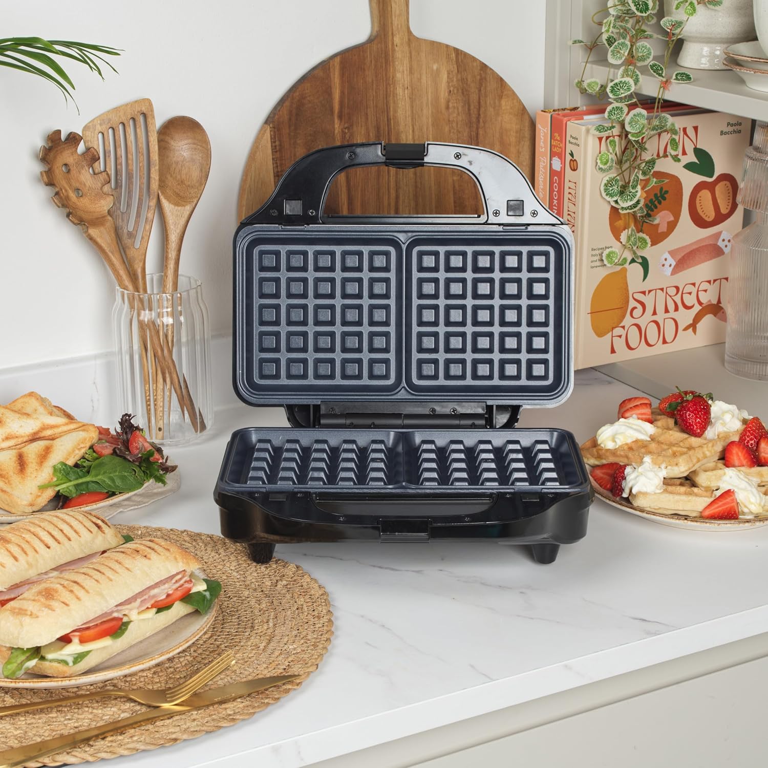 3-In-1 Snack Maker - Sandwich Toaster, Waffle Maker, Panini Press Grill, Includes Removable Extra Large Deep Fill Hot Plates, Non-Stick, 750W, Auto Temperature Control, Stay Cool Handle