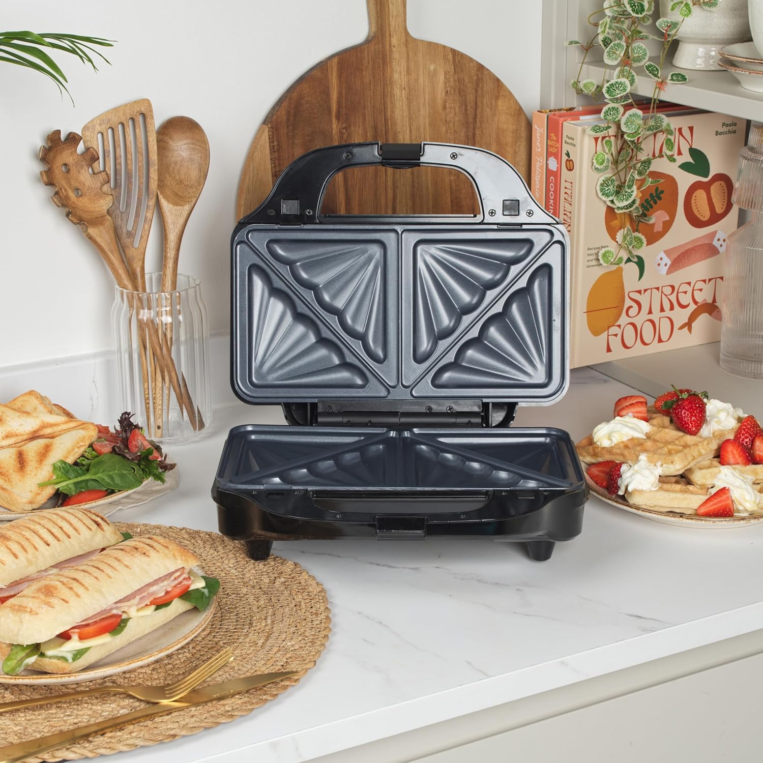 3-In-1 Snack Maker - Sandwich Toaster, Waffle Maker, Panini Press Grill, Includes Removable Extra Large Deep Fill Hot Plates, Non-Stick, 750W, Auto Temperature Control, Stay Cool Handle