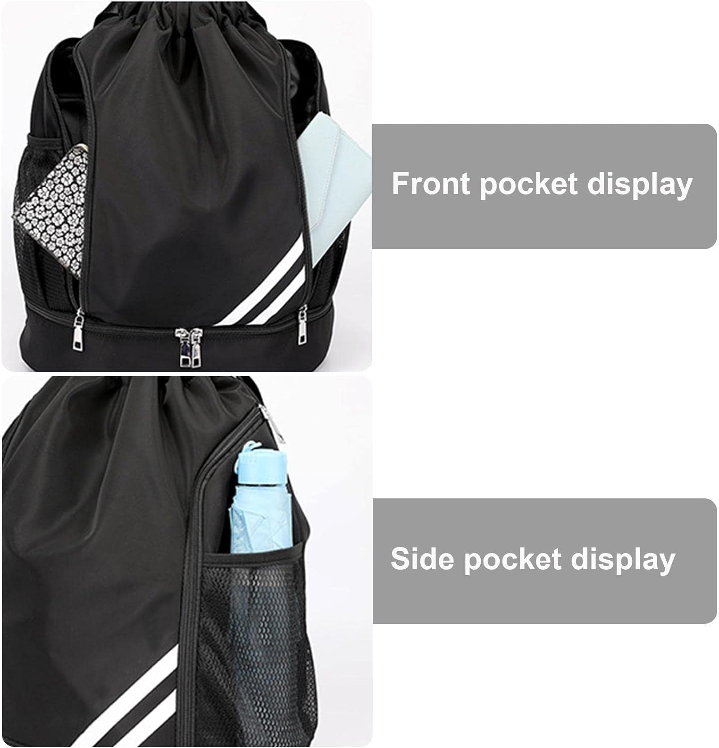 Drawstring Backpack, Sports Gym Bag, Drawstring Backpack with Shoe Compartment and Water Bottle Mesh Pocket, Sports Gym Sack pack Water Resistant String Bag for Women Men Children