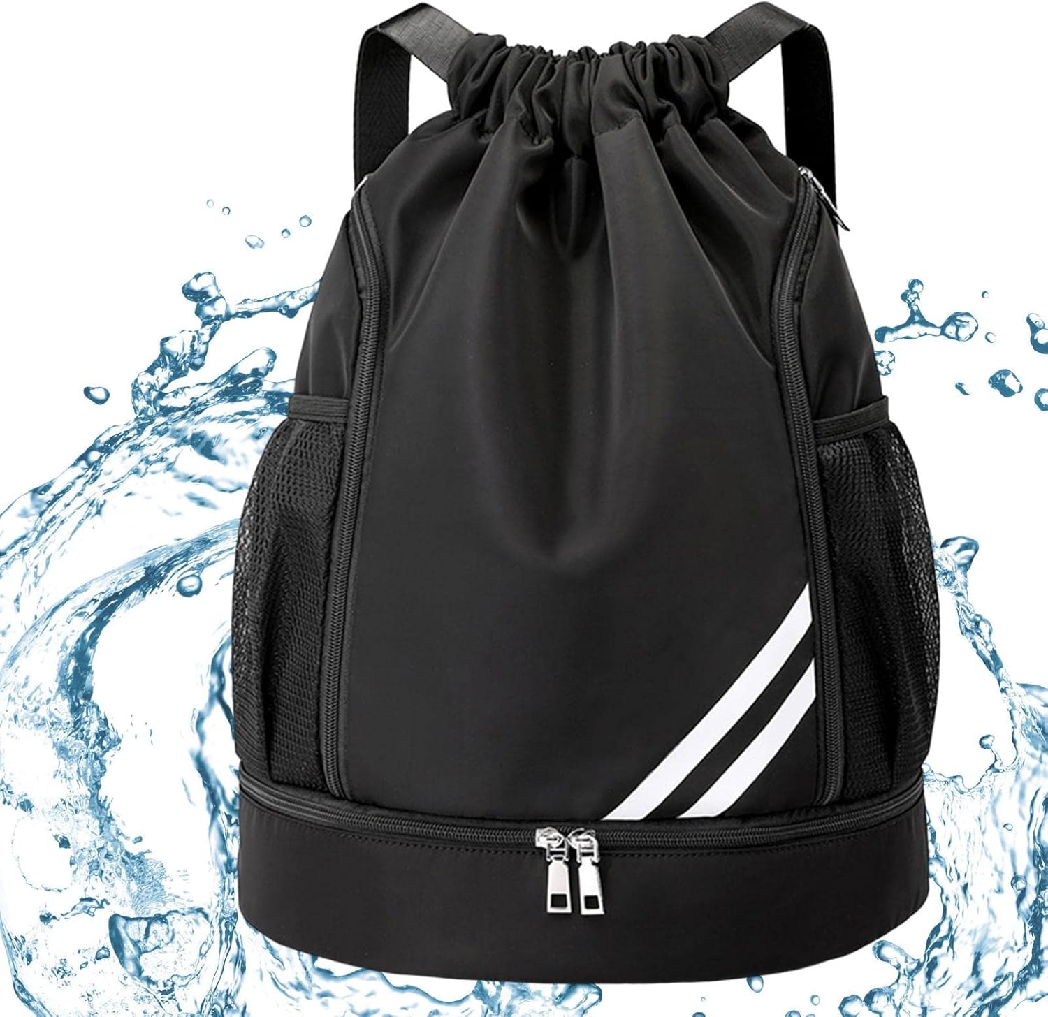Drawstring Backpack, Sports Gym Bag, Drawstring Backpack with Shoe Compartment and Water Bottle Mesh Pocket, Sports Gym Sack pack Water Resistant String Bag for Women Men Children