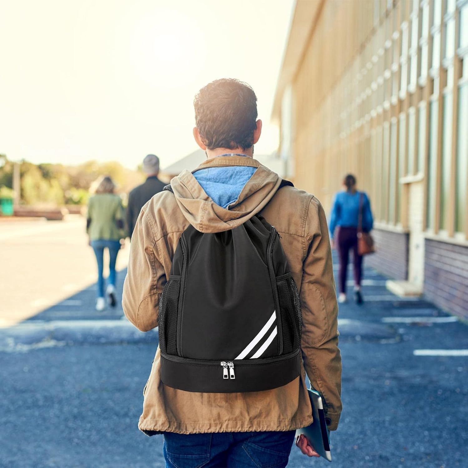 Drawstring Backpack, Sports Gym Bag, Drawstring Backpack with Shoe Compartment and Water Bottle Mesh Pocket, Sports Gym Sack pack Water Resistant String Bag for Women Men Children