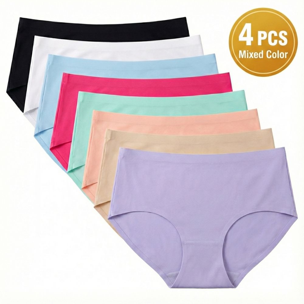4 PCS Women’s Seamless Ice Silk Panties – Mid Waist, Soft & Stretchy, 100% Cotton Crotch, Breathable & Comfortable Underwear (Mixed Colors)
